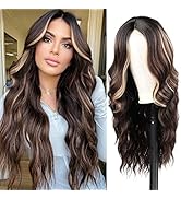 Long Brown Wavy Wig 24 Inch Highlight Wig for Women Synthetic Curly Wigs for Daily Party Wear