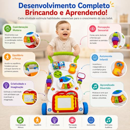 Andador Educativo Musical para Bebê 2 em 1, 12 Meses a 3 Anos | Piano, Lousa Mágica, Telefone, Atividades Interativas, Centro de Atividades para Primeiros Passos