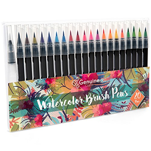 Genuine Crafts Watercolor Brush Tip Pen Set - 20 Premium Assorted Colors Real Brush Tips 1 Refillable Blending Water Pen Incl. - Washable Nontoxic - Portable Durable - Free Form Watercolor Calligraphy