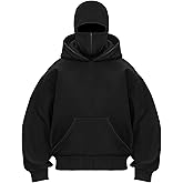 Chaos World Mens Balaclava Hoodie Double Hooded Pullover Kangaroo Pocket Hoodie For Men Casual Streetwear
