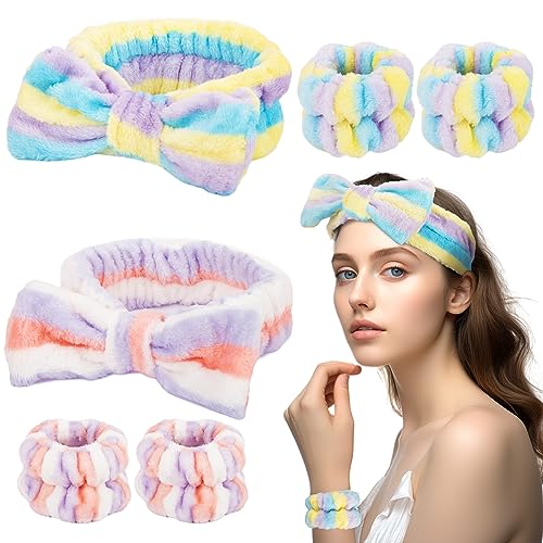 Shindel 6PCS Face Wash Headband Set, Makeup Wash Headbands with Wristbands Coral Fleece Bow Hair Bands for Women Spa Skin Care Yoga