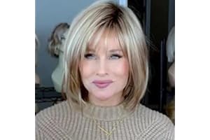 RENERSHOW Blonde Highlight Short Pixie Bob Wig with Bangs Straight Ombre Blonde Synthetic Wig with Dark Roots Layered Blonde Wigs for Women Medium Bob Daily Party Wig