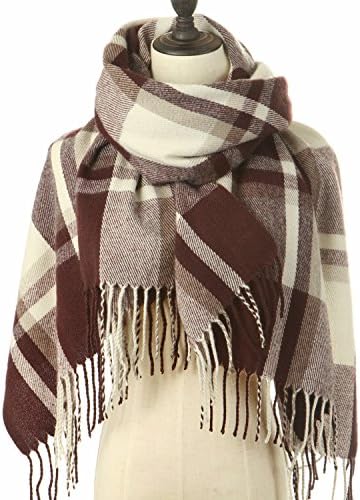 Plaid Blanket Scarf for Women, Long Large Warm Tartan Scarves Wrap Shawl during Fall and Winter (Large 70" 25", Burgundy-White)