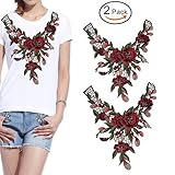 Fashionclubs 2pcs/set Embroidered Venise Lace Neckline Collar Rose Floral Green Leaf Applique Motif Patches For Scrapbooking And Sewing