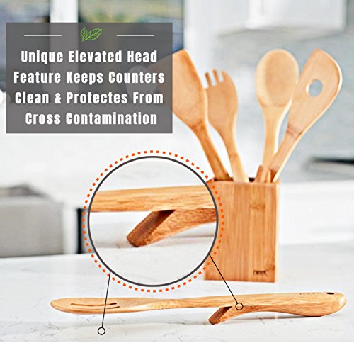 Organic Bamboo Cooking Utensils Set, Unique Elevation Feature, 6 Piece Set, Wooden Spoons Spatula, Kitchen Utensil Set, High Heat Resistant, Wood Serving Spoon, Eco-Friendly & Biodegradable Gift Idea