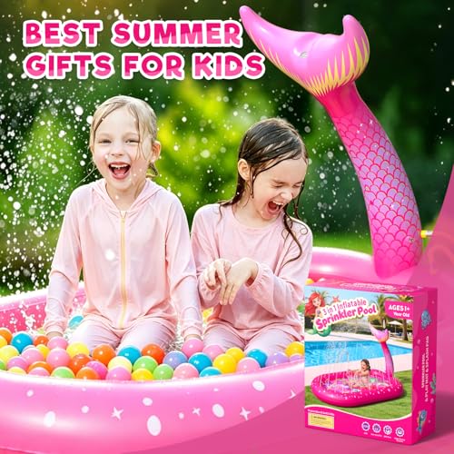 Inflatable Paddling Pool for Kids, Splash Pad for Kids, 3 in 1 Mermaid Pattern Kids Pool Inflatables, Thickened Material with Water Pipe, Backyard Summer Water Toys for Boys and Girls Age 1+