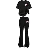 RoseSeek Girl's 2 Piece Outfits Bowknot Graphic Tees and Flare Leggings Sets Cute Clothes
