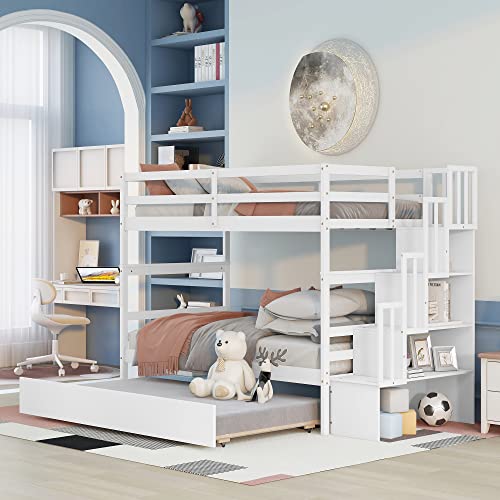 Twin Over Twin Bunk Bed with Trundle,Solid Wood Bunk Beds with Storage Stairs,B…