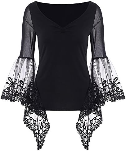 CharMma Women's Basic Sheer Lace V-Neck Long Bell Sleeve Elastic Casual T-Shirt