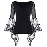 CharMma Women's Basic Sheer Lace V-Neck Long Bell Sleeve Elastic Casual T-Shirt (XX-Large, Black)