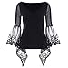 CHARMMA Women's Basic Sheer Lace V-Neck Long Bell Sleeve Elastic Casual T-Shirt (X-Large, Black)
