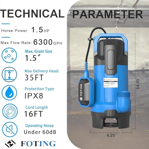 FOTING Sump Pump, High Flow Submersible Water Pump with Float Switch, Automatic Clean/Dirty Utility Pump for Basement Puddle Pool Tub Pond Draining, 1.5 HP, 6300GPH