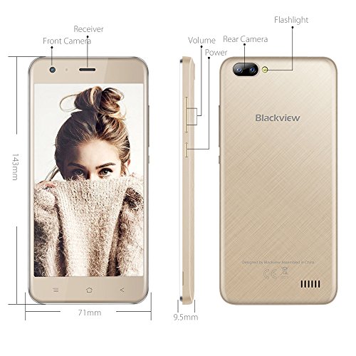 Móviles Baratos, Blackview A7 Smartphones libres Baratos - Android 7.0 Dual Cámara Trasera 3G Smartphones (8GB ROM, 5.0 pulgadas HD pantalla, Dual SIM, 2800mAh Batería, Quad Core) - Oro