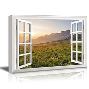 Canvas Wall Art - Window Looking into a Field with Massive Mountains in The Sunset - Giclee Print Gallery Wrap Modern Home Art Ready to Hang - 12x18 inches