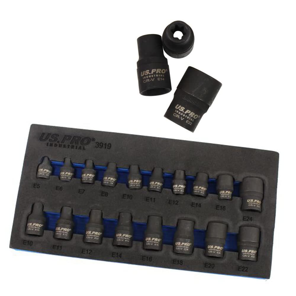 US PRO 1357 Tools 17pc E Torx Impact Set E5/e24 Female Star Torque Sockets, 0.01 V