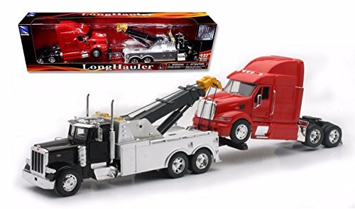 New Ray Toys 1:32 Scale Peterbilt Tow Truck With Red Peterbilt Cab Semi Truck