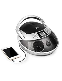 venloic portátil deporte, reproductor de CD MP3 estéreo Boombox con radio AM FM, AUX Line in, conector de auriculares y puerto USB (Negro y Plata)