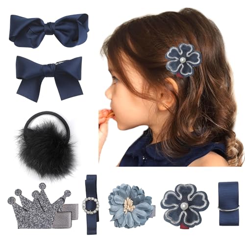 Esumun Hair Bow Flower Clips Hair Ties 9Pcs Set, School Girl Uniform Hair Accessories for Thick Hair Little Toddler Girls (navy set)