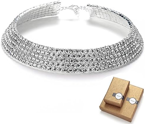 TENGZHEN 5-Row Silver Alloy Rhinestone Choker Necklace for Women Bridal Wedding Party Prom