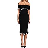 URYIAO Fall Off The Shoulder Sweater Wedding Guest Dresses for Women Ruffle Bodycon Cocktail Party Midi Dress