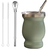 Beruth Bombilla Yerba Mate Gourd, 8oz Stainless Steel Tea Cup Set with a Multifunctional Lid, Two Straws and Cleaning Brushes, Double Walled Coffee Mug Heat Insulation Anti Scalding (Avocado Green)
