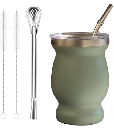 BALIBETOV Modern Mate Cup And Bombilla Set (Yerba Mate Cup) -Yerba Mate Set Includes Double Walled 18/8 Stainless Steel Mate Tea Cup, Two Bombilla