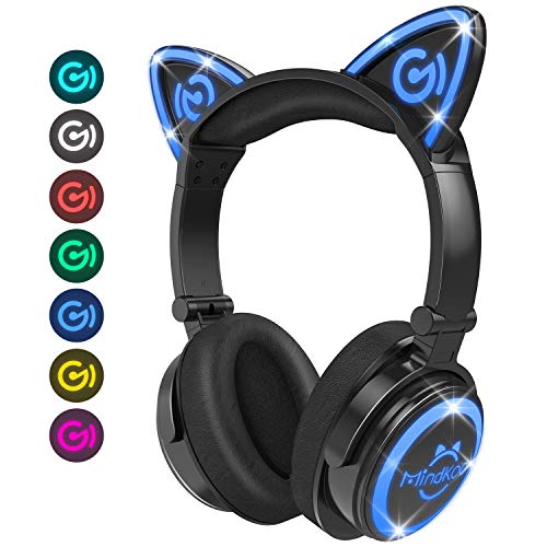 MindKoo Bluetooth Headphones Wireless Over Ear Cat Ear Headphones with LED Light Foldable Built-in Microphone and Volume Control for Cell Phones/iPhone/iPad/Laptop/PC/TV Kids Boys Girls Friends