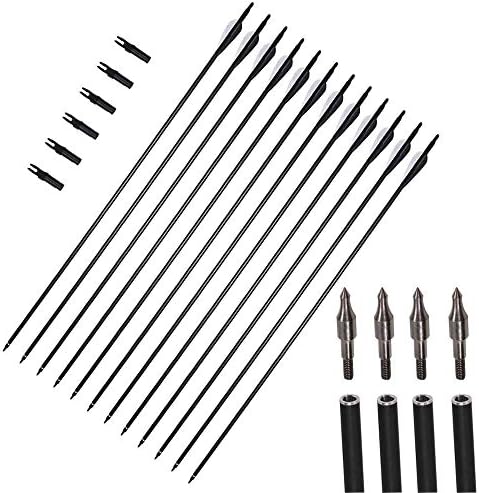 12packs 31inch Archery Carbon Arrows Spine 550 Targeting Arrows with Replaceable Broadhead Nock Rotatable for Recurve Bow Hunting for Recurve Bow Compound Bow Arrows Set Outdoor Shooting