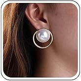 Sttiafay Vintage Large Pearl Circle Earrings Gold Round Pearl Dangle Studs Hollow Circle Hoop Earrings Geometric Pearls Wedding Earring Jewelry for Women