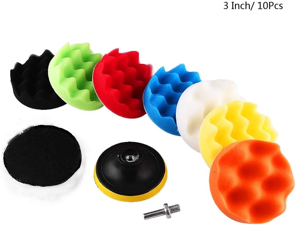Qiilu Sponge Polishing Pad,10Pcs Sponge Polishing Buffing Waxing Pad Kit For Car Polisher Buffer With Drill Adapter(3in)
