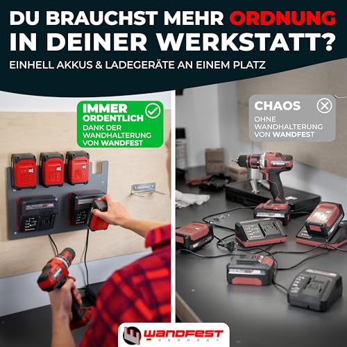 Wandfest Wall Mount for Einhell Batteries and Chargers, The Original, Glossy and Matt Side, Made in Austria, Robust Einhell Battery Holder for 1–4 Batteries