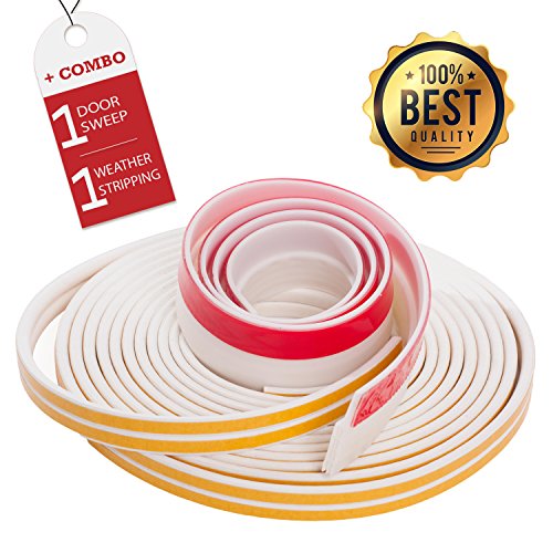 Soundproof Weather Stripping Door Kit - White - 39 Feet Self Adhesive Weatherstrips & 43.3" Door Sweep - Wind, Dust, Draft & Insect Proof - Insulation - Rubber Door Strips to Seal Door Crack - Furring