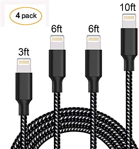 DeFitch Cable (4 Packs: 3FTx1+ 6FTx2+10FTx1) Nylon Extend Braided USB Charging Cable with Aluminum Connector Compatible with iPhone Xs X 8 7 6S 6 Plus iPad 2 3 4 Mini, iPad Pro Air,[Grey Black]