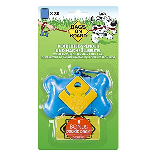 Bags on Board Dog Waste Bag Bone Dispenser with 30 Refill Bags, Blue Bags