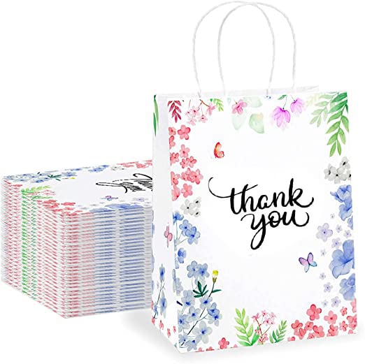 Photo 1 of Purple Q Crafts Thank You Gift Bags 25 Pack 8" X 4" X 10" Small Paper Bags With Handles Floral Design Thank You Bags For Business, Boutique, Gifts, Wedding Favors…