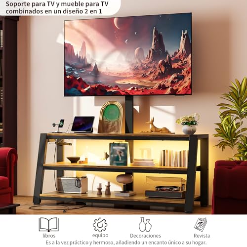 Simple Wisdom Mueble para TV,Mueble TV con Soporte Giratorio,Mesa para TVs con Toma Corriente y Luz LED,para Televisor 32 a 65 Pulgadas,Muebles de TVs Abierto de 3 Niveles(Retro)