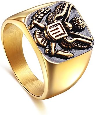 JINSHIYINYU 316L Stainless Steel Vintage Gold Plated US Army Military Badge Eagle Ring for Men's