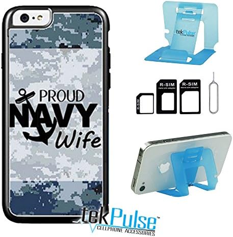 TekPulse (tm) Proud Navy Wife Camo Anchor Real Leather TPU Back Cell Phone Case &amp; Nano Sim Card Adapter &amp; Collapsible Cell Phone Stand - [Bundle Pack, 3 pcs] - Direct Print Technology