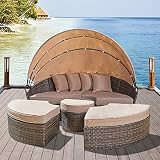Solaura Outdoor Patio Round Daybed with Retractable Canopy and Brown Wicker, Seating Separates Cushioned Seats (4 Light Brown Pillow)