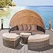 Solaura Outdoor Patio Round Daybed with Retractable Canopy and Brown Wicker, Seating Separates Cushioned Seats (4 Light Brown Pillow)