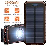 Solar Charger 15000mAh Portable Power Bank with Dual USB Ports Waterproof External Battery Charger with 15 LED Lights for Cell Phone Tablet Camera GPS Camping Outdoors and Emergency