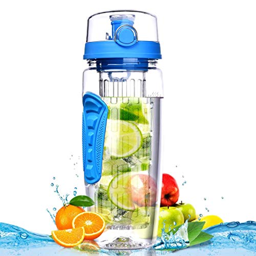 Fruit Infuser Water Bottle - 32 oz, Blue Color, Flip Top Lid, Full Length Infusion Rod, Anti-Slip Grips, Sports Gym Yoga Bottle, Hydration Made Easy, BPA Free, Ideal for Your Office, Home and Kids