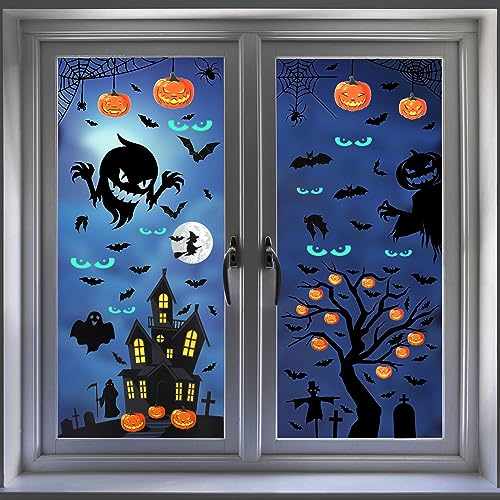 Halloween Decoration Inside, 9 Sheets Halloween Window Pictures with Pumpkins, Spider Web, Bat Monster, Decoration for All Saints Festival,Trick or Treat Party Supplies, 121 Pieces, Cute Window
