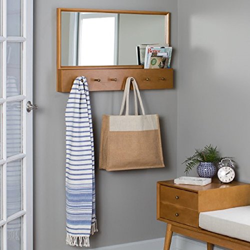 Modern Wall Mounted Coat Hook w/ Mail Slot & Mirror, Entryway, Hallway or Mudroom Shelf, w/ 6 Hooks for Coats, Shawls, Scarves, Umbrellas, 34W x 3.25D x 21H in. â€“ Natural Finish + Free Ebook
