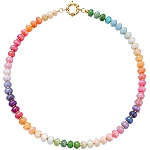AMOREA Colorful Natural Gemstone Choker Necklace for Women, 5x8mm Genuine Stone Beads, Gold Accent Collarbone Necklace, Summe