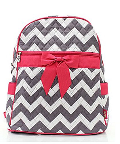 Quilted Gray And White Chevron Medium Backpack With Hot Pink Accents