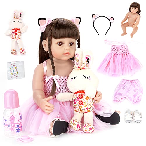 Bebê Reborn Boneca Menina Corpo de Silicone 55cm Olhos Castanhos Pode Dar Banho com Acessórios Presentes para Meninas