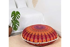 Popular Handicrafts Floor Pillow Cushion Cover - Hippie Mandala Cushion Cover Large with Pom Poms Soft Particles - Pouf Cover Round Bohemian Yoga Decor, 32" Maroon