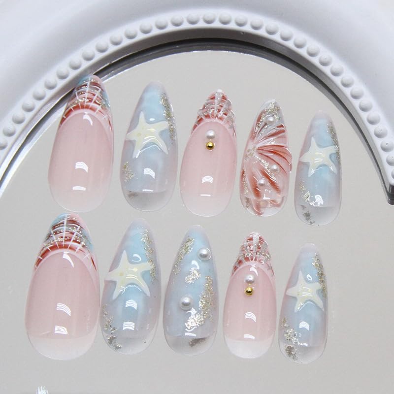 Summer Beach Press on Nails 3D Acrylic Nails Medium Almond Fake Nails Blue Sea Shell French Tips False Nails Press ons Ocean Glue on Nails Starfish Waves Stick on Nails for Women Girls Manicure 24Pcs - Image 6