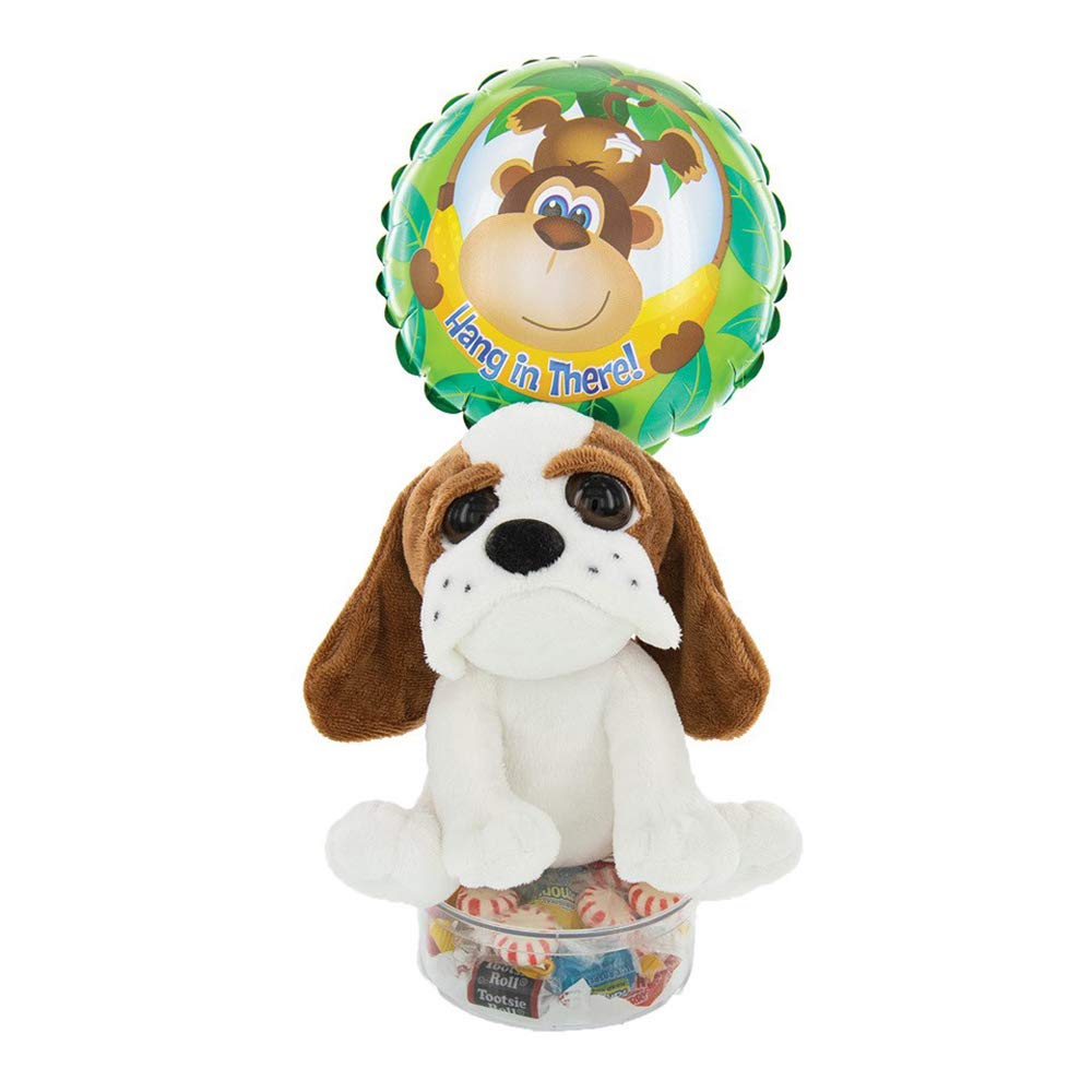 Get Well Soon Balloon Gift with Plush Dog | Stuffed Animal Cocker Spaniel, Hang In There Balloon, Assorted Candy in Reusable Acrylic Container | Cheer Up a Friend or Loved One with this Gift